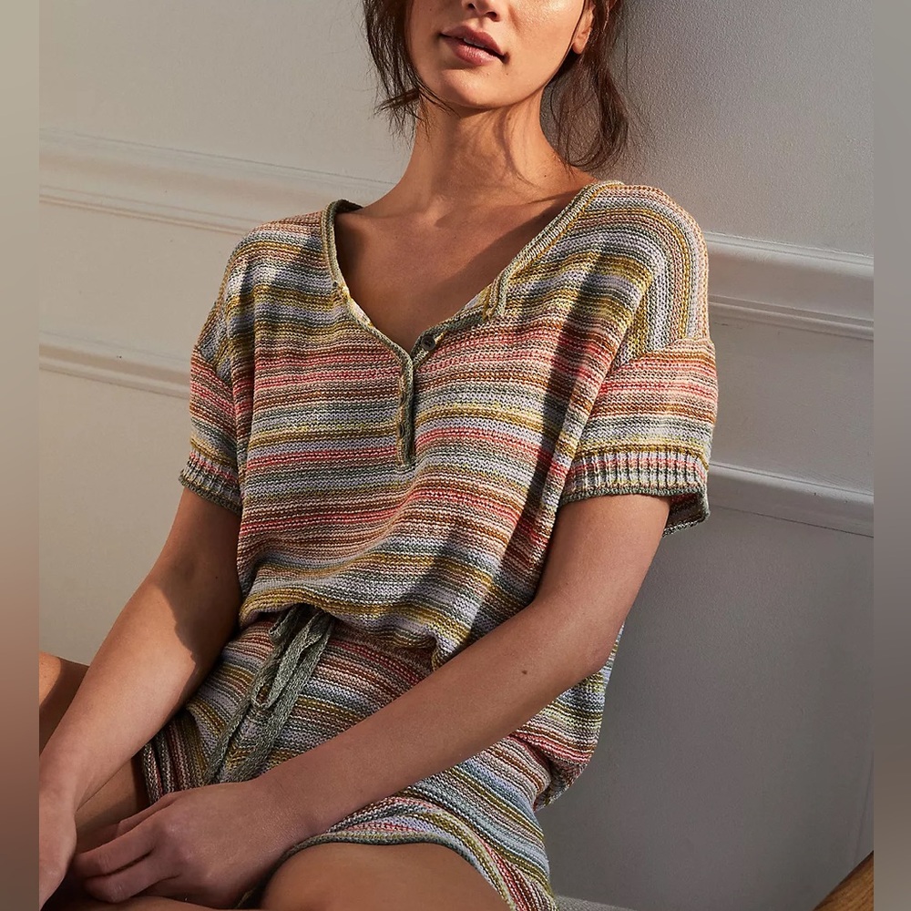 Anthropologie Multicolor Striped Knit Henley Top
